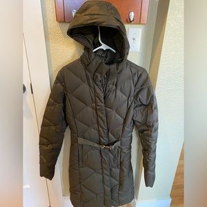 The North Face Belted Olive Green long parka - size small/petite